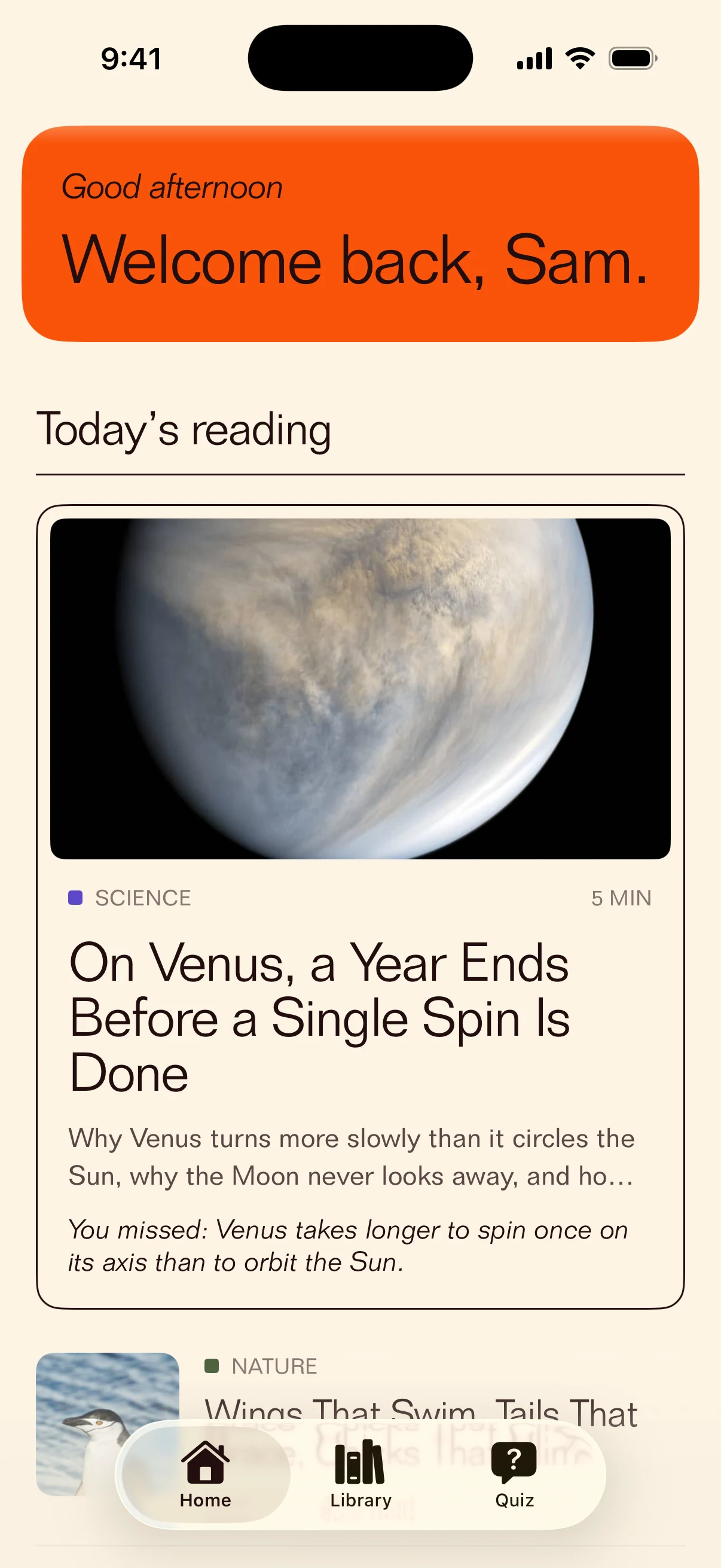 Ponder’s Home screen: today’s reading, picked for the gaps in your range.